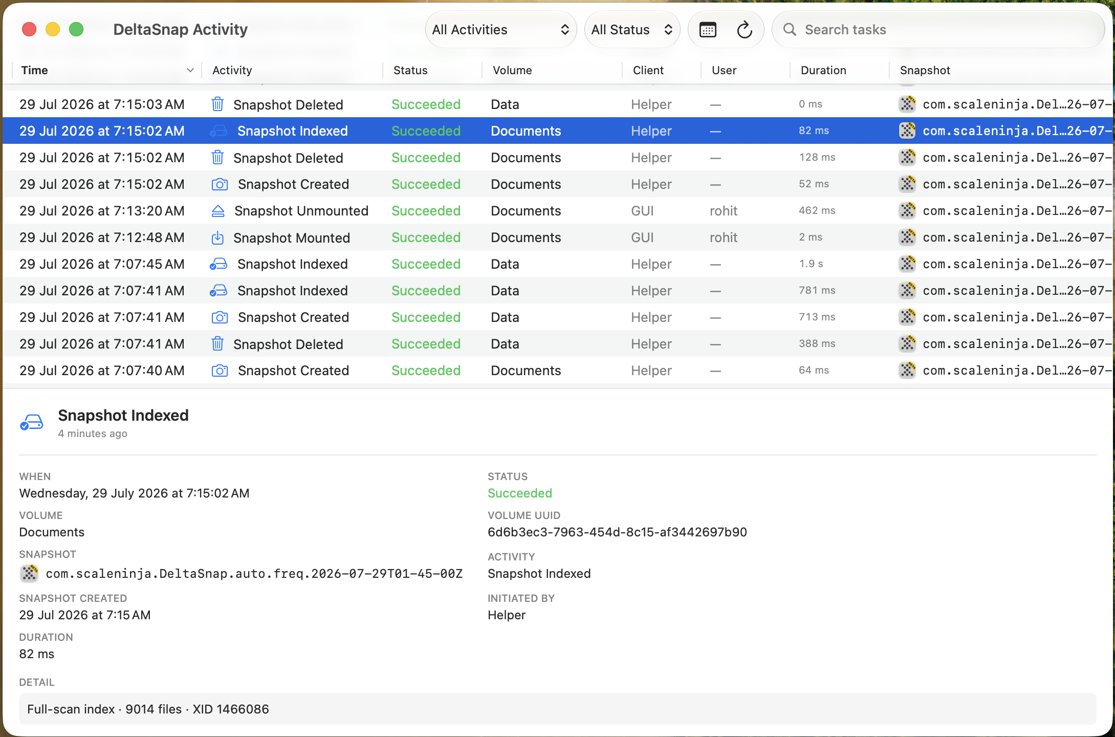 DeltaSnap Activity window listing snapshot created, indexed, deleted, mounted, and unmounted events with status, volume, client, duration, and a detail pane.