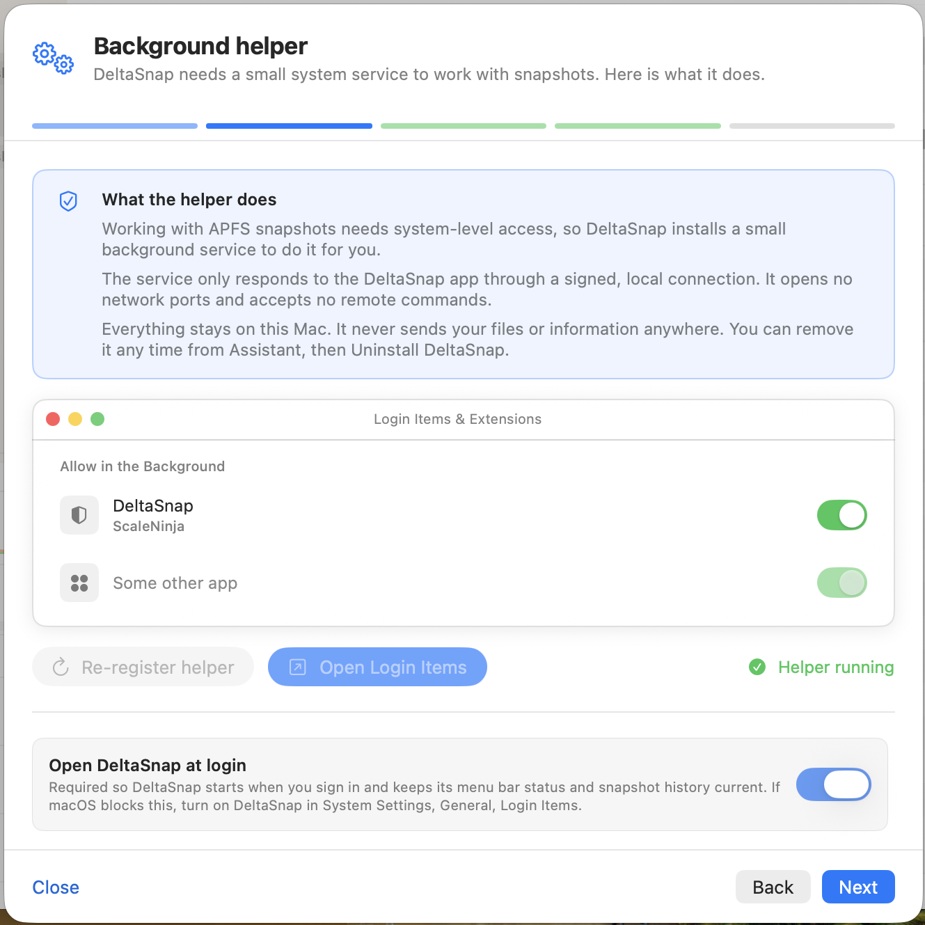 DeltaSnap background helper step showing what the helper does, a Login Items preview, a Helper running status, and the Open DeltaSnap at login switch.