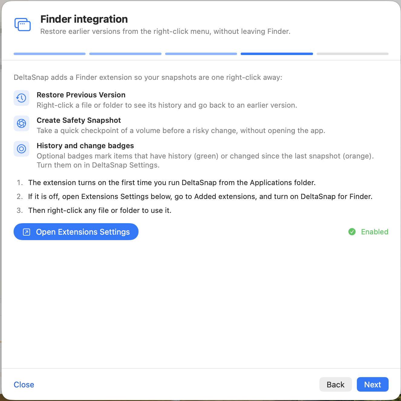 DeltaSnap Finder integration step listing Restore Previous Version, Create Safety Snapshot, and history badges, with the extension reported as Enabled.