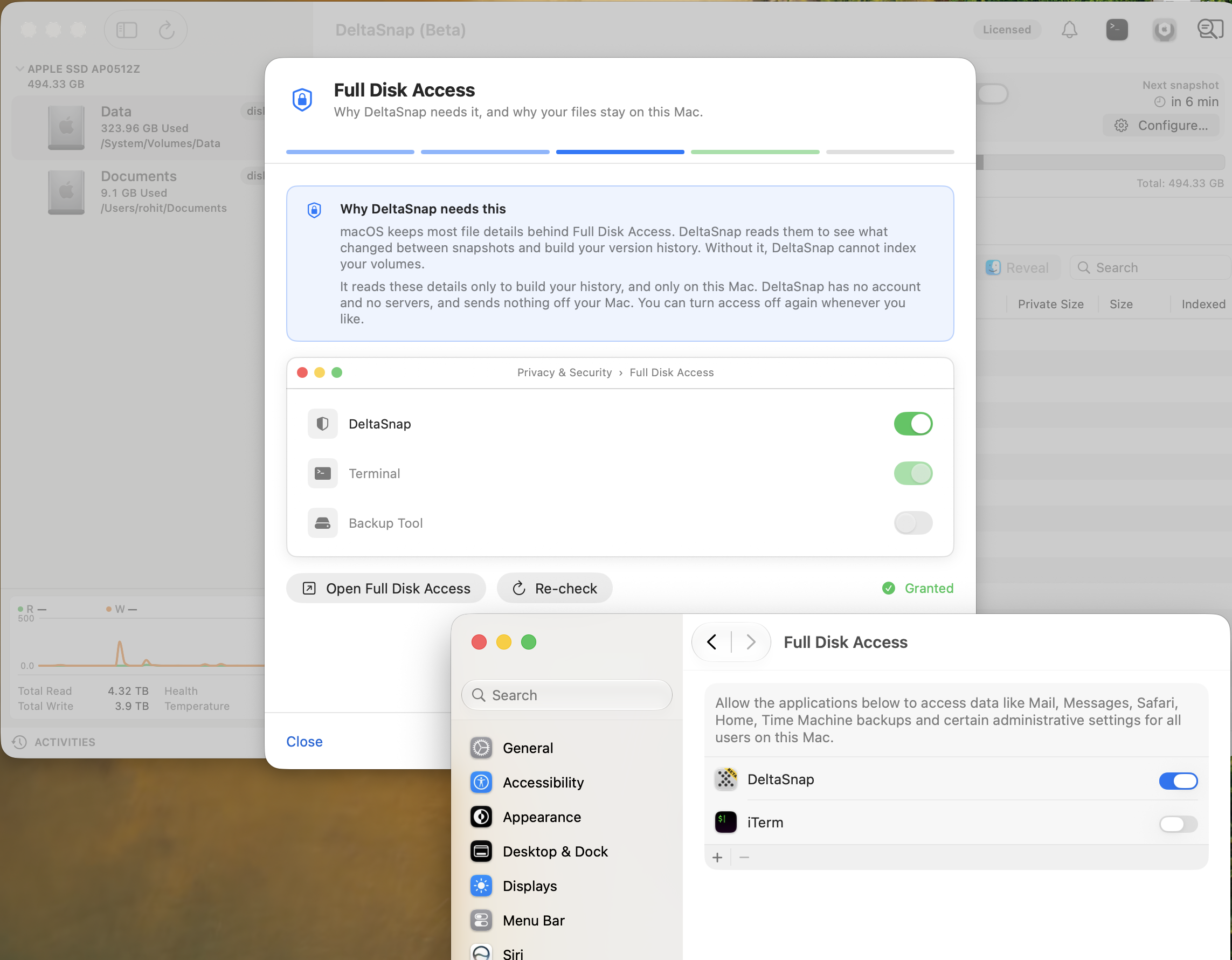 DeltaSnap Full Disk Access step next to System Settings Privacy and Security, with DeltaSnap enabled and the step reporting Granted.