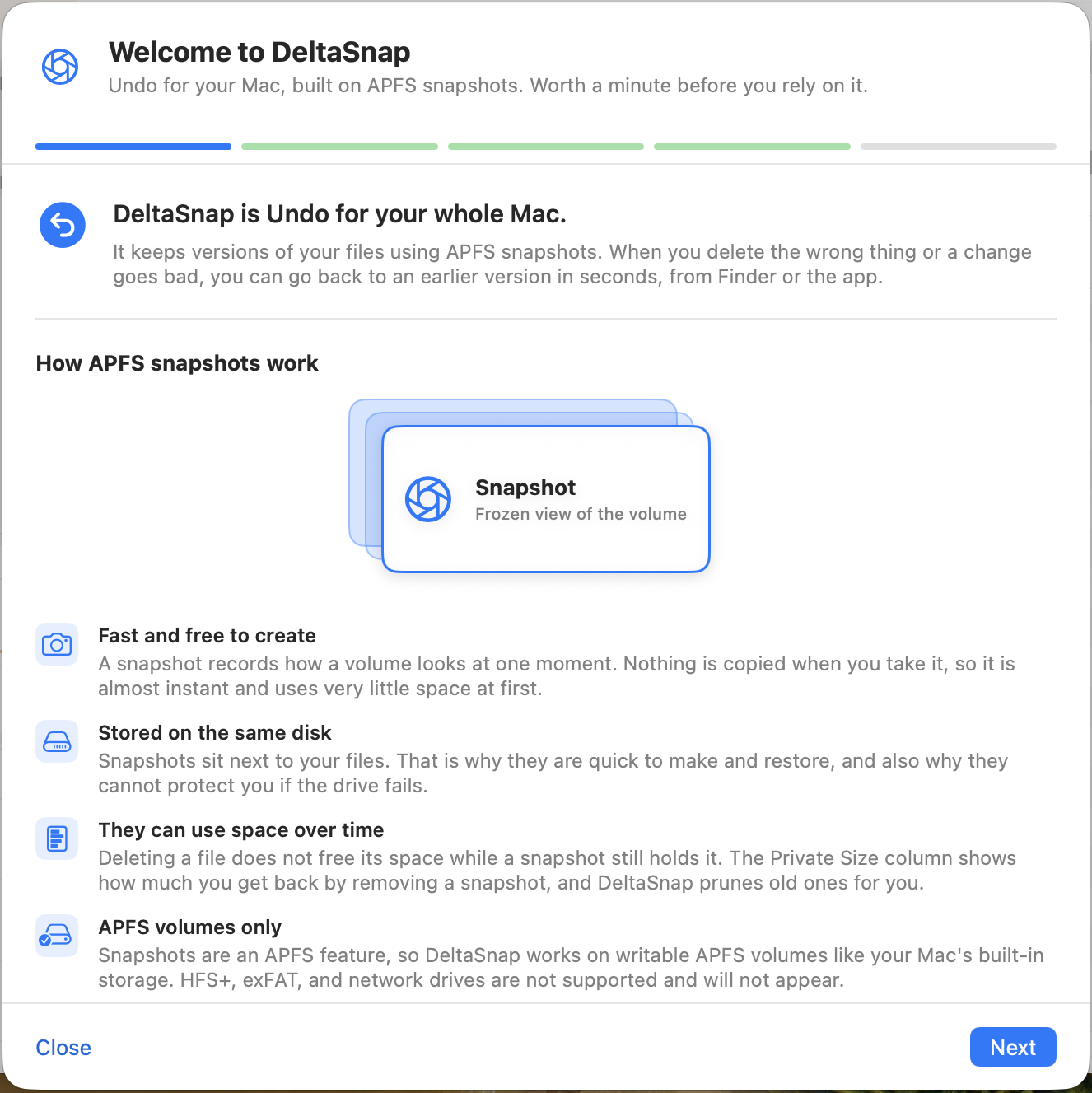 DeltaSnap welcome step explaining that snapshots are fast to create, stored on the same disk, can hold space over time, and work on APFS volumes only.