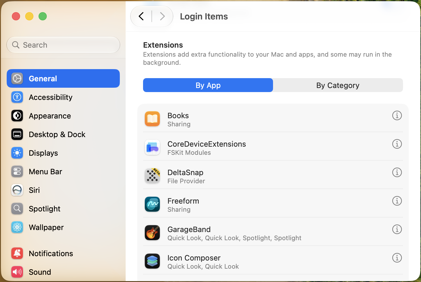 System Settings Login Items and Extensions listing DeltaSnap among added extensions.