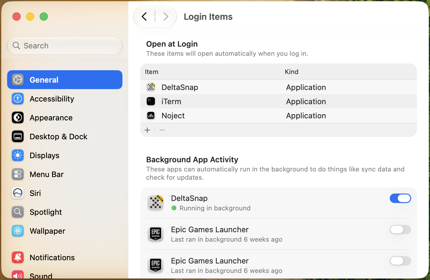 System Settings Login Items with DeltaSnap listed under Open at Login and enabled under Background App Activity.