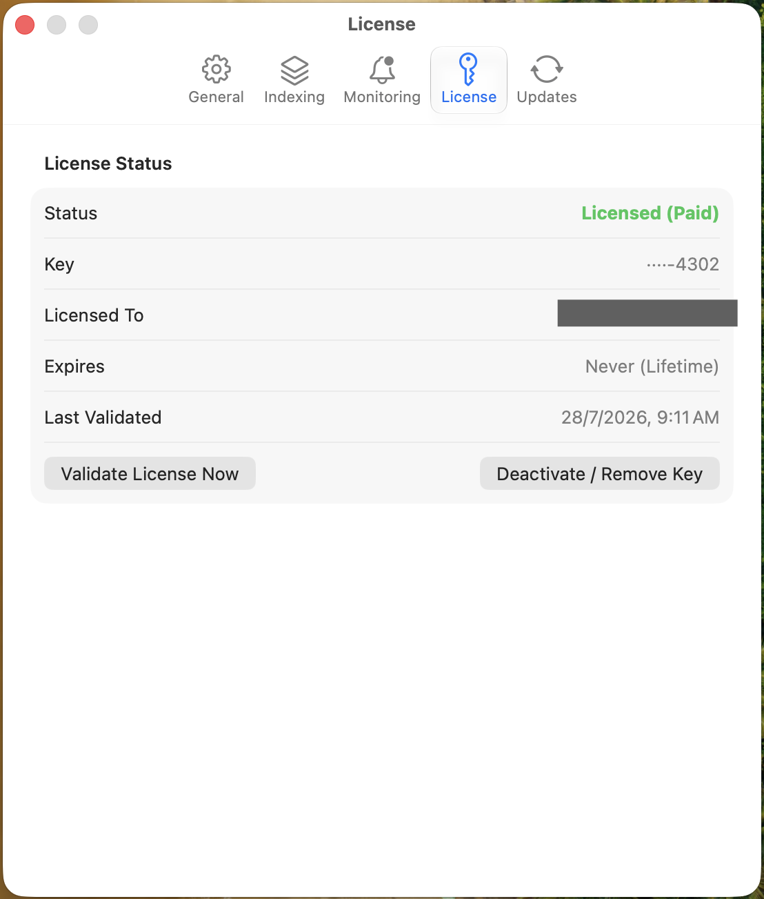 DeltaSnap License settings showing licensed status, a masked key, lifetime expiry, last validation time, and validate and deactivate buttons.