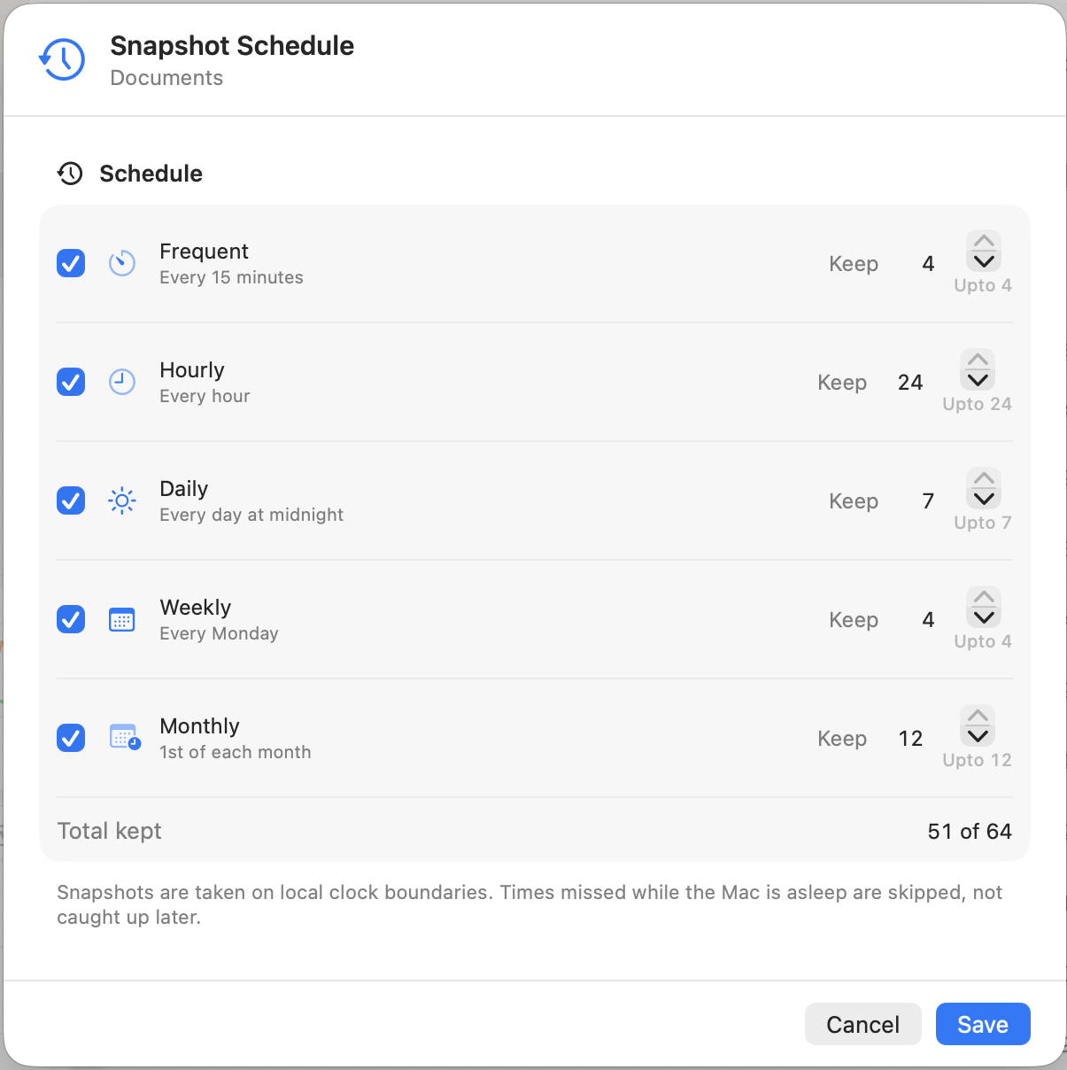 DeltaSnap Snapshot Schedule sheet with frequent, hourly, daily, weekly, and monthly cadences enabled and their keep counts.