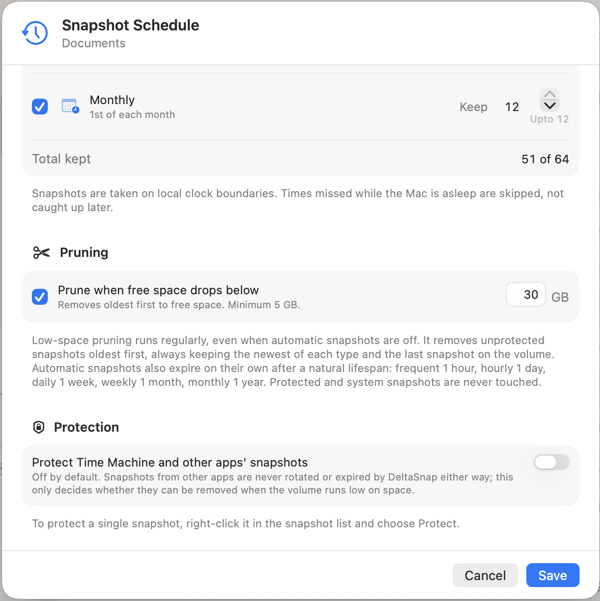 Lower half of the Snapshot Schedule sheet with the low-space pruning threshold set to 30 GB and the switch protecting Time Machine and other apps' snapshots.