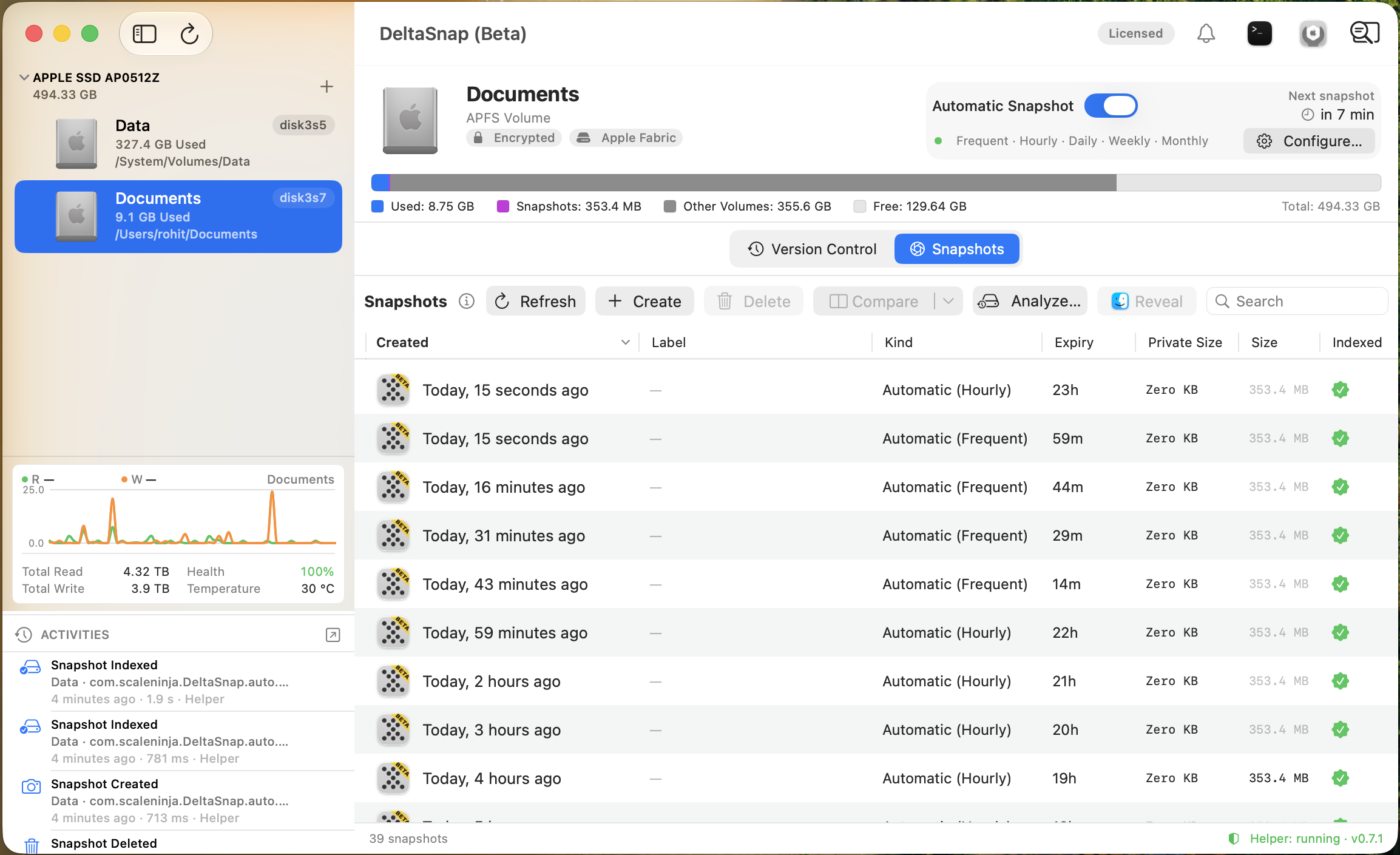 DeltaSnap Snapshots tab with the create, delete, compare, analyze, and reveal toolbar above a table of snapshots showing created time, label, kind, expiry, private size, and indexed state.