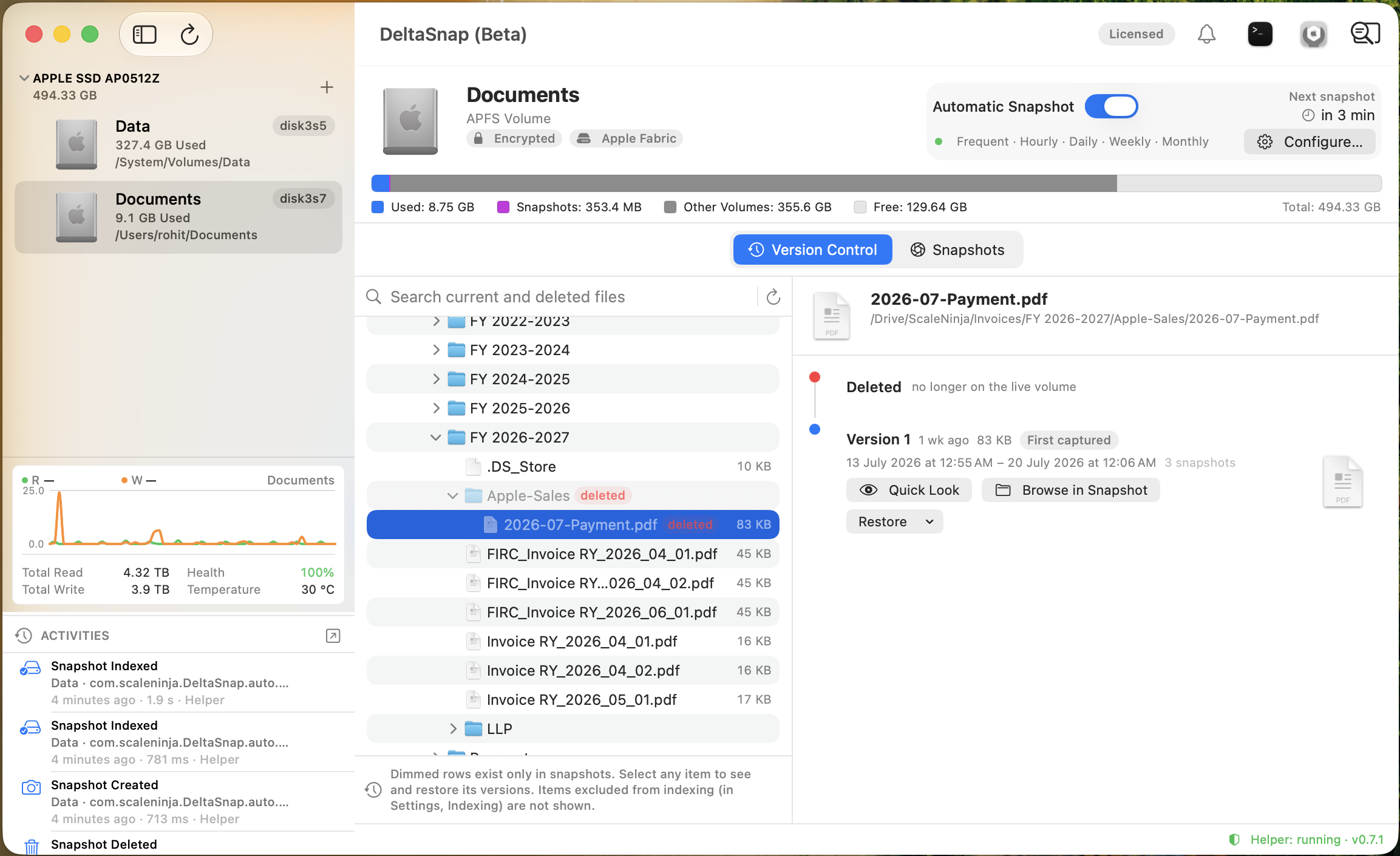 DeltaSnap Version Control tab showing a deleted PDF selected in the file browser and its captured version timeline with Quick Look, Browse in Snapshot, and Restore actions