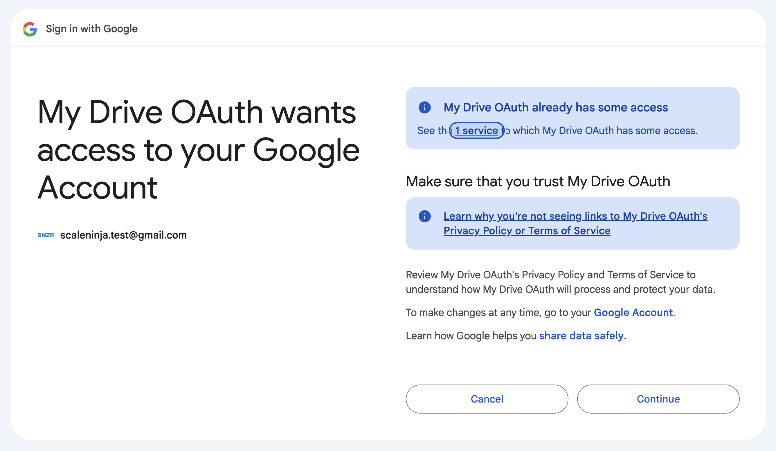 Google's consent screen for the personal OAuth client, where you check the app name, account and requested Drive access.