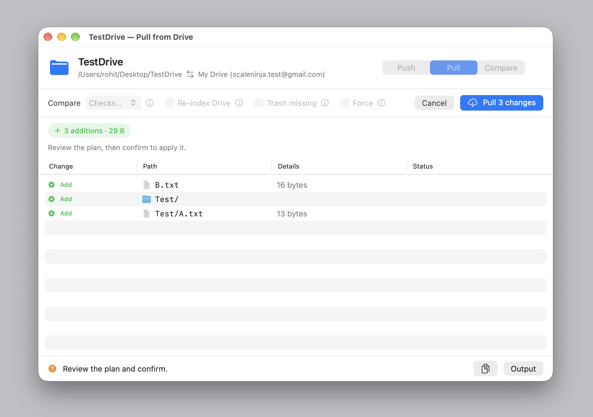 The pull window part-way through a run, with per-file status filling in.