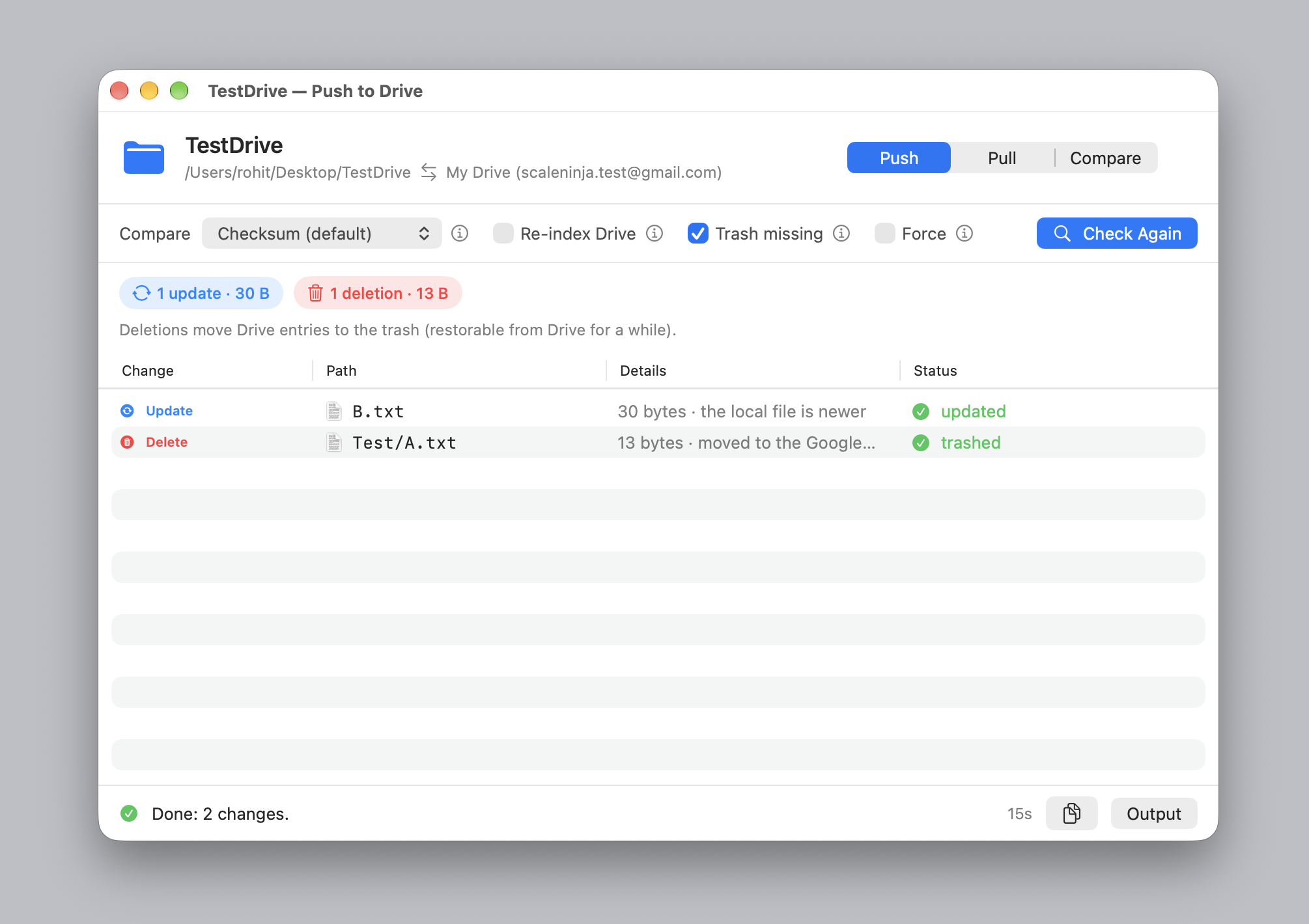 The push window after a run, showing one update and one deletion, each marked done in the status column.
