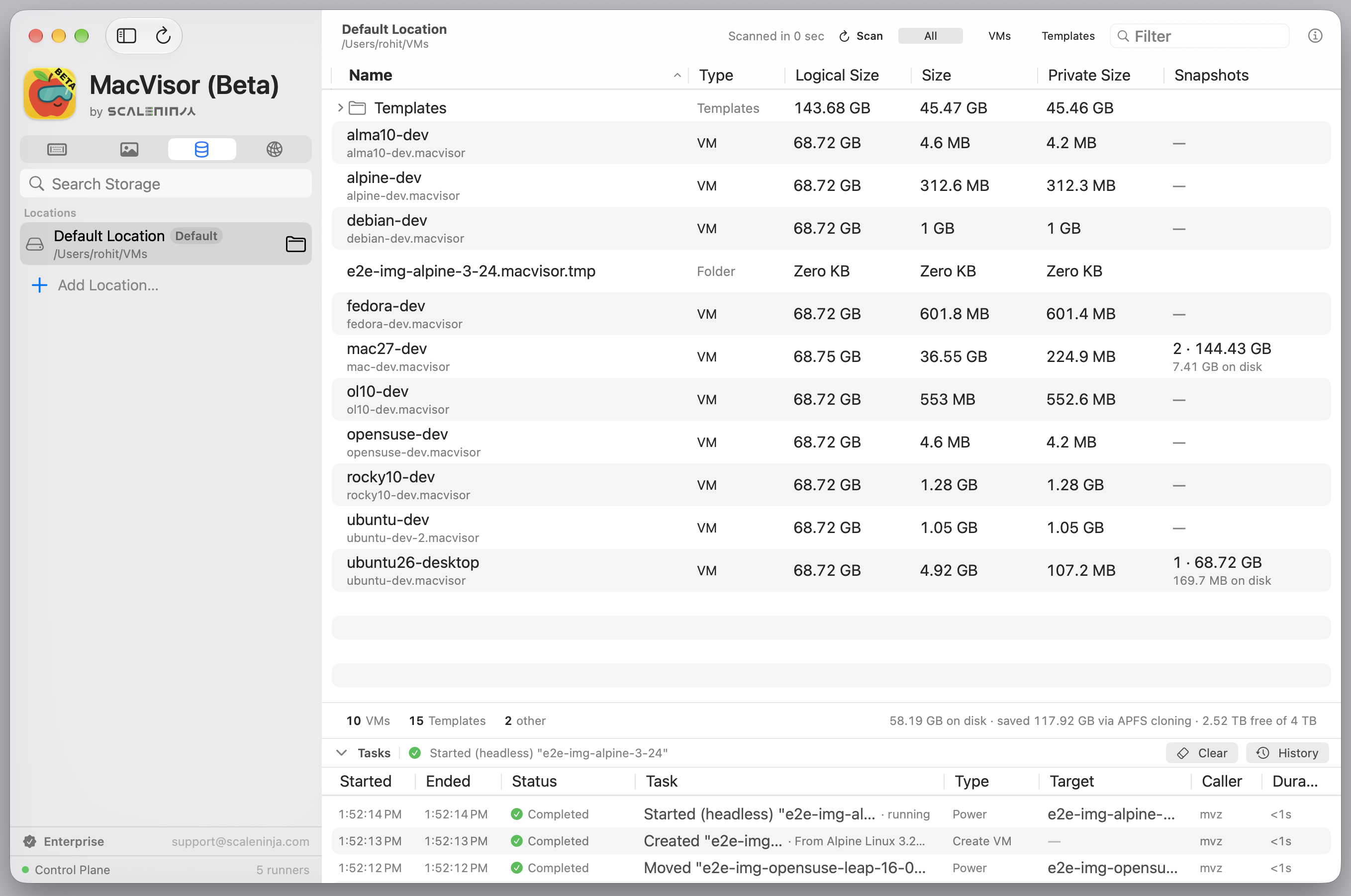 The Storage section: every bundle in a location with logical, on-disk, and private sizes.