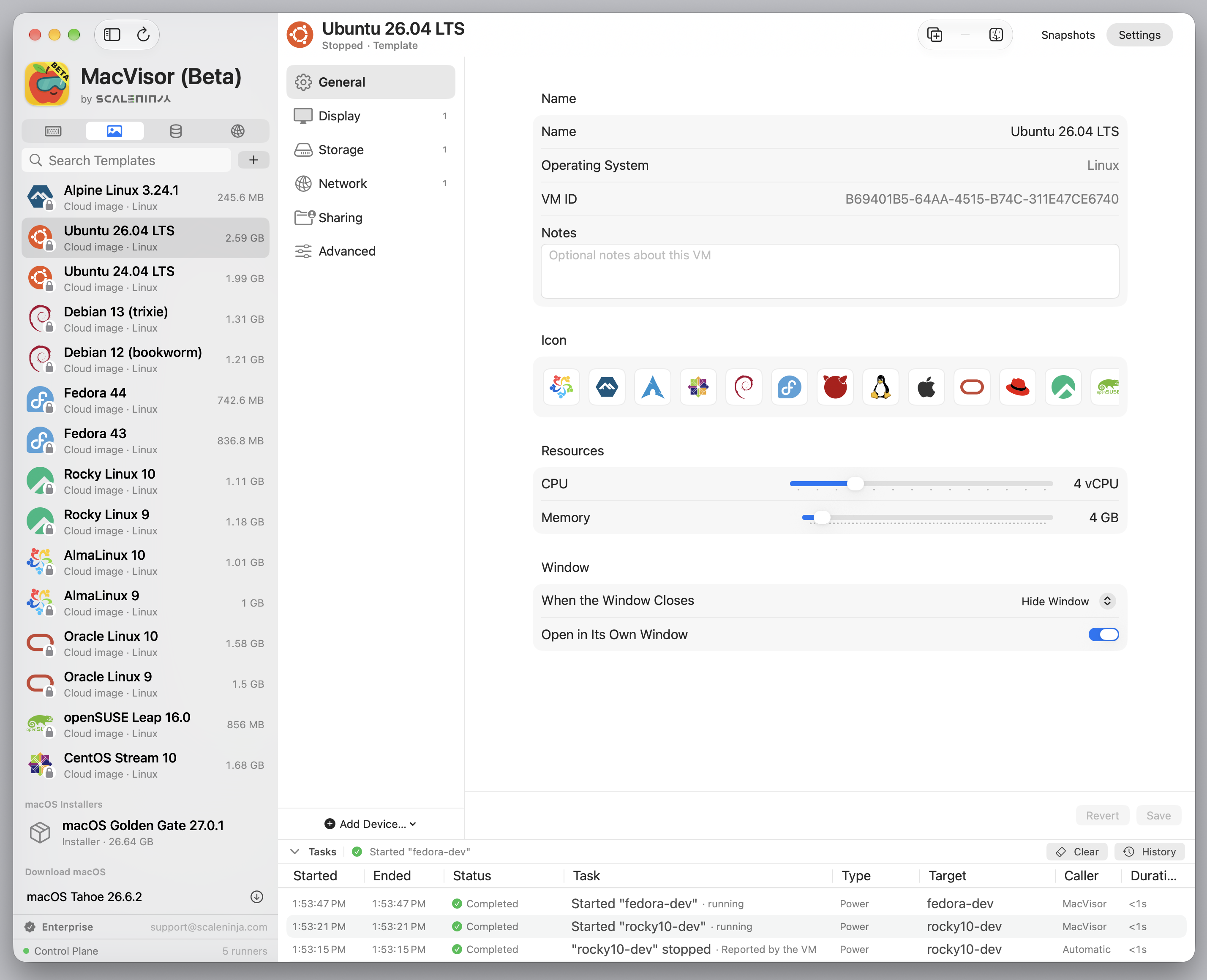 The Templates section: cloud-image templates with their sizes, downloaded macOS installers, and a template's Settings.