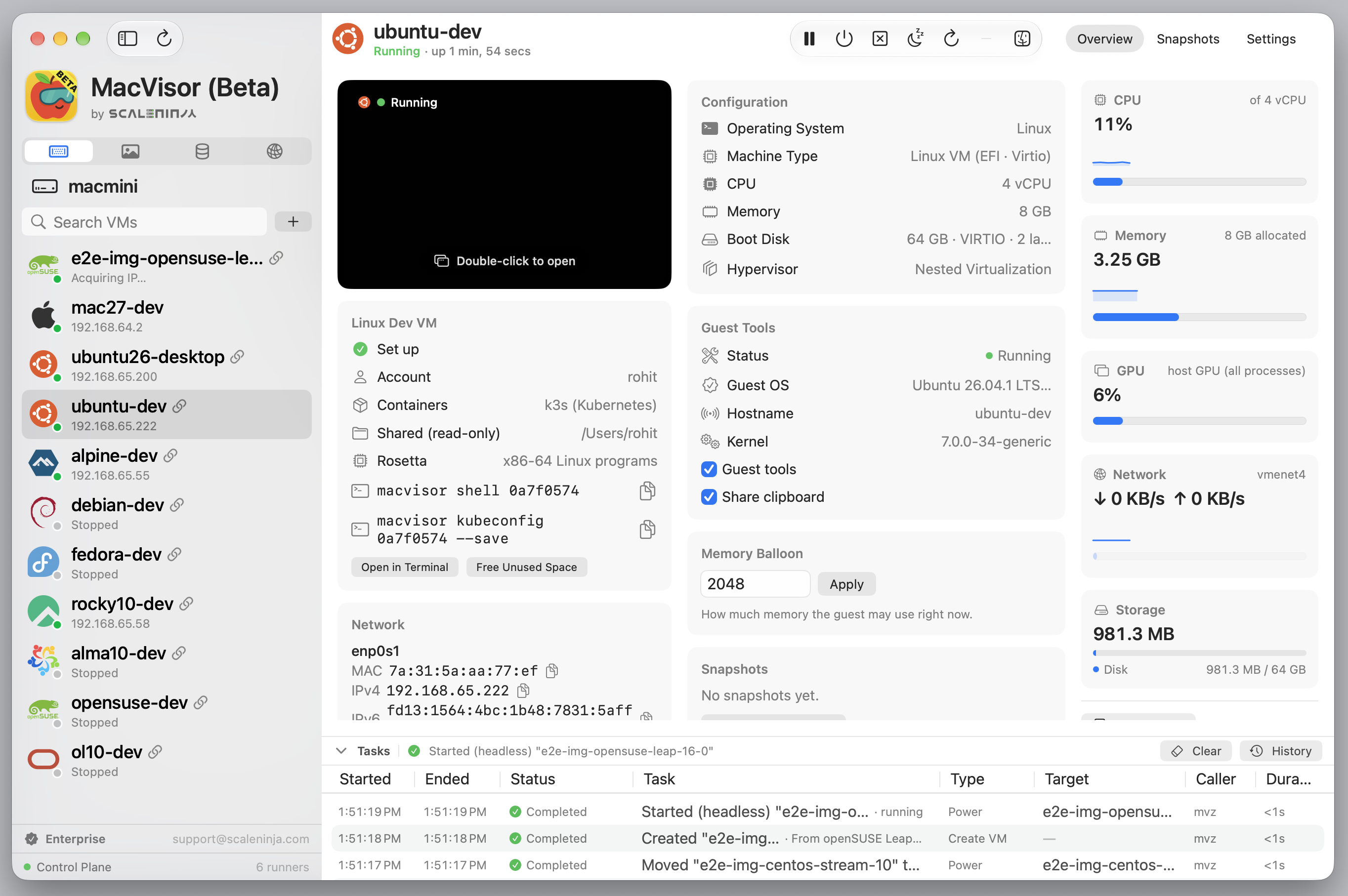 MacVisor showing an Ubuntu dev VM with its account, k3s, a read-only home folder share, guest tools and live CPU, memory and disk readings.