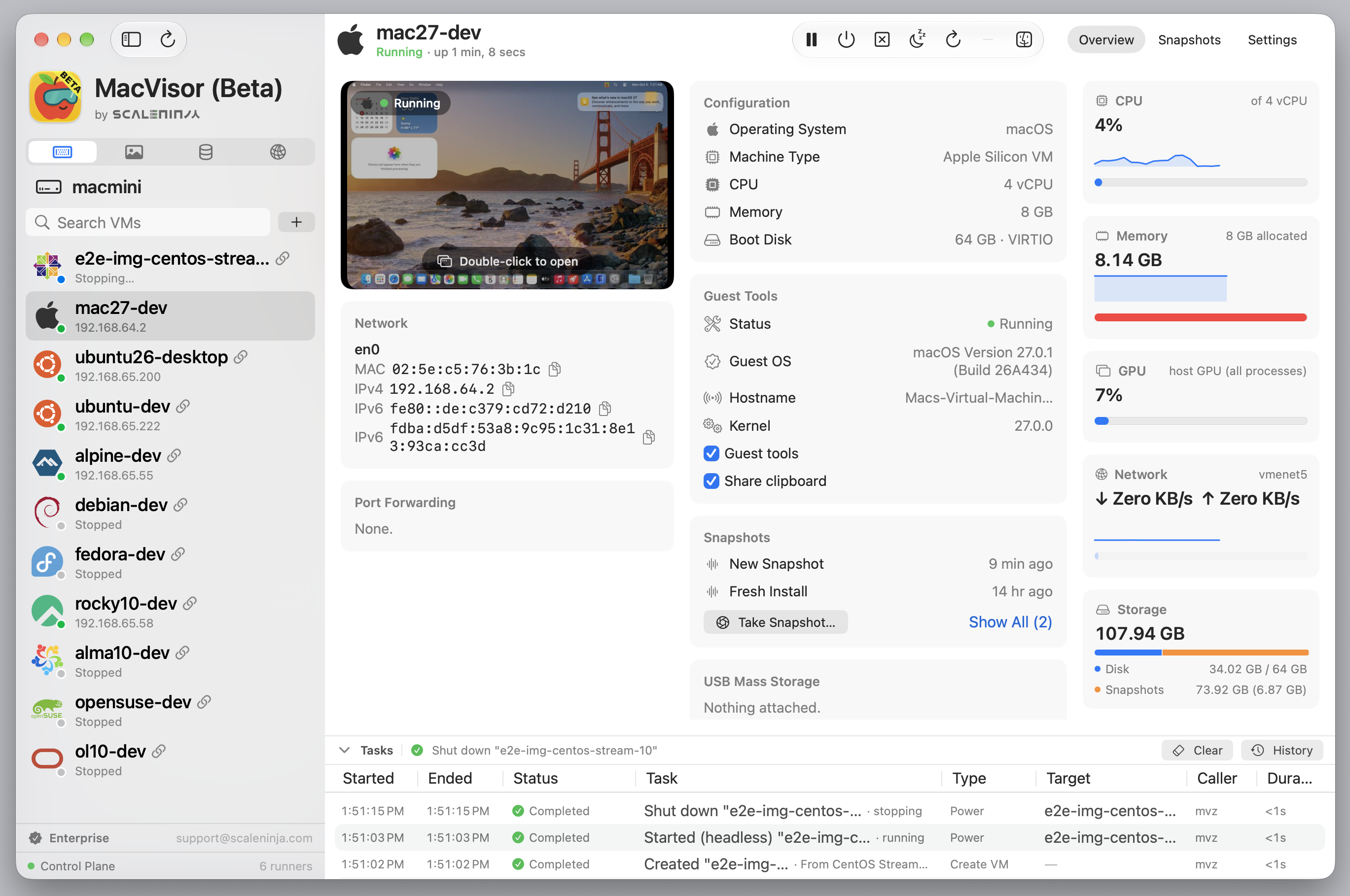 The Guest Tools card on a macOS VM: status, guest OS, hostname, and kernel.
